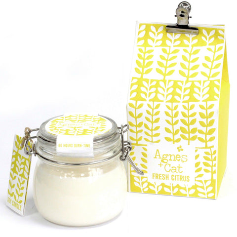 Agnes + Cat Kilner Jar Candle, Fresh Citrus, clear glass jar with white wax beside its yellow patterned box