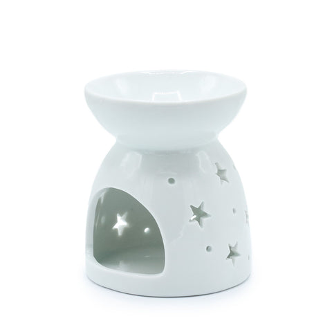 Oil Burner Angel Cut Out- White, shown from the front with star-shaped cut-outs and an open bowl