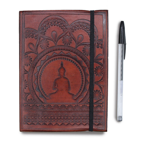 Small Notebook with strap, Tree of Life, red-brown embossed cover and black strap beside a pen