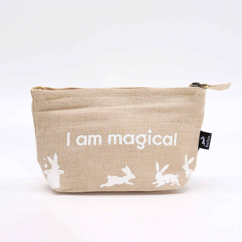 Hop Hare Pouch, I am Magical, beige pouch with white hare prints and lettering, shown from the front