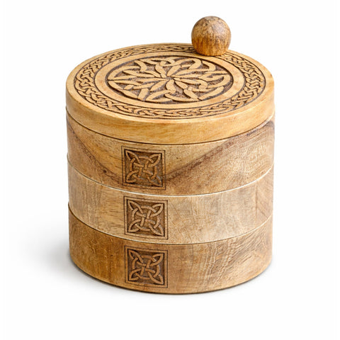 Celtic Carved 3 Tier Revolving Box in warm brown, closed, with engraved lid and knotwork panels