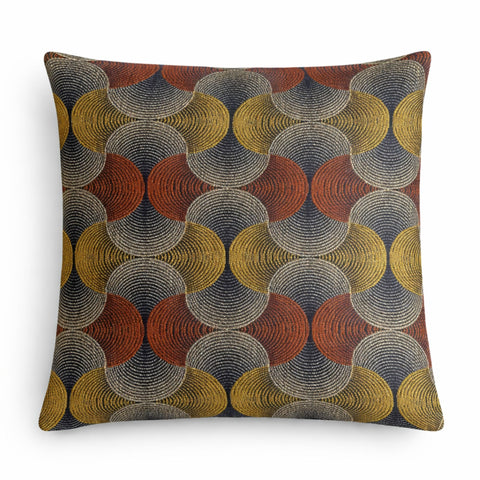 Urban Swirl cushion cover shown from the front, with repeating mustard, rust and grey curves