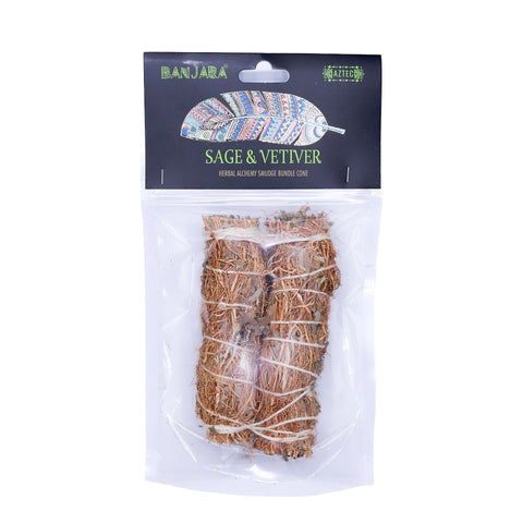 Banjara Smudge, Sage Vetiver in a clear plastic pouch with a black illustrated header