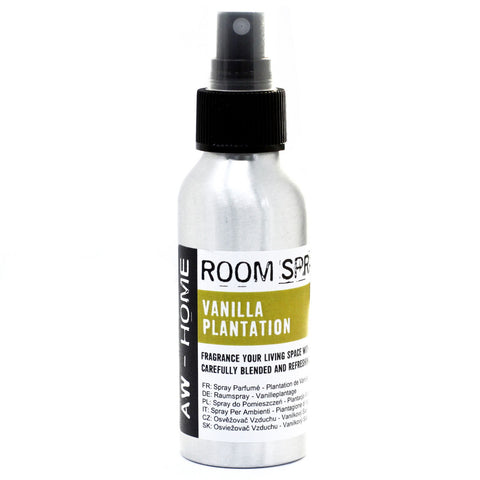 Vanilla Plantation room spray in a silver bottle, shown alone against a white background