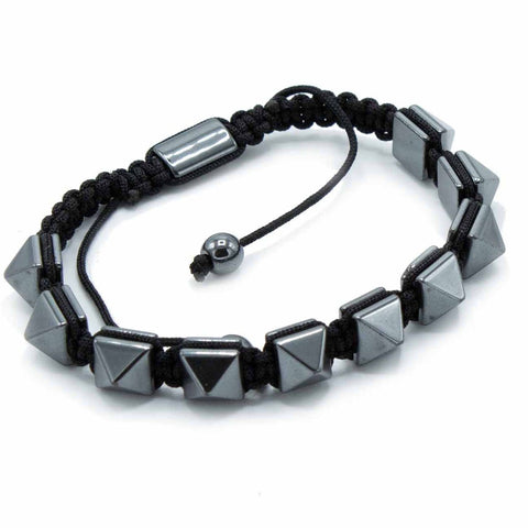 Hematite Shamballa bracelet with spiky pyramid beads, shown alone with its black adjustable cord