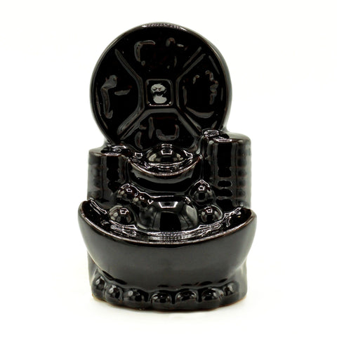 Backflow Incense Burner, Ancient Chinese Coin, glossy black burner shown from the front on a white background