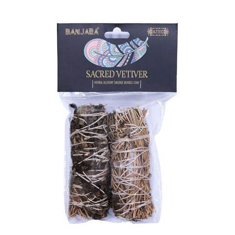 Packaged Banjara Sacred Vetiver smudge sticks, two tied bundles visible through a clear bag