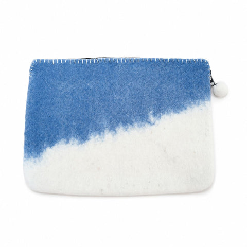 Blue Horizon felt laptop pouch with a blue and white diagonal design