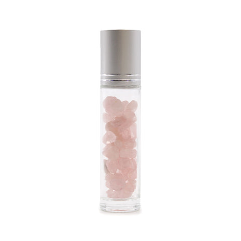 Gemstone Essential Oil Roller Bottle, Rose Quartz, Silver Cap, upright clear bottle with pink stones and silver cap