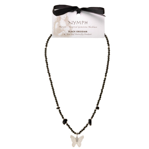 Nymph Black Obsidian Gemstone Necklace with Real Leaf Butterfly Pendant on a white display card