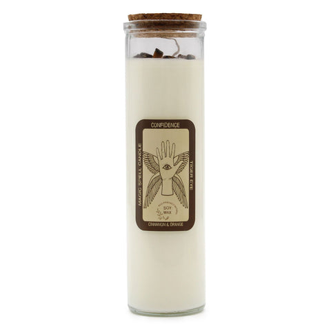 Magic Spell Candle jar labelled Confidence, Tiger Eye, Cinnamon and Orange, with a hand and eye illustration