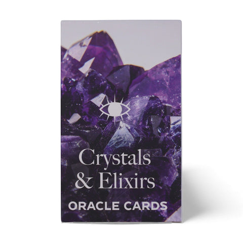 Crystals & Elixirs Oracle Cards, purple crystal design on the upright deck box front