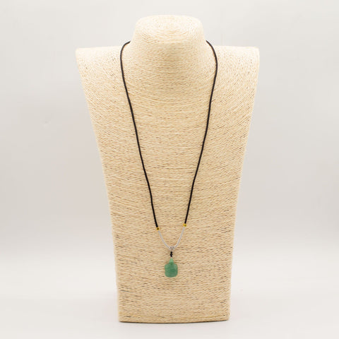 Cord Necklace Gemstone Pendant, Jade Turtle, black and pale cord on a woven display bust