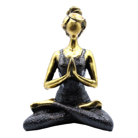 Yoga Lady Figure, Bronze & Black 24cm seated cross-legged with hands together, shown from the front