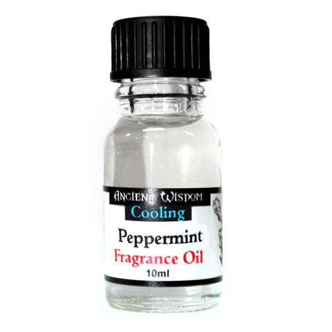 10ml Peppermint Fragrance Oil in a clear glass bottle with a black cap, front label showing Peppermint