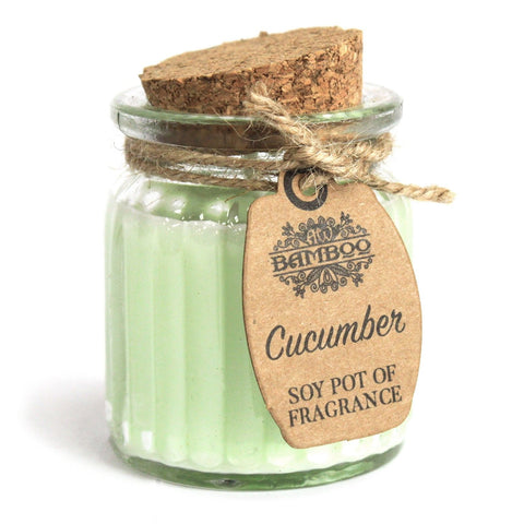 Cucumber Soy Pot of Fragrance Candles in a pale green glass jar with cork lid and brown tag