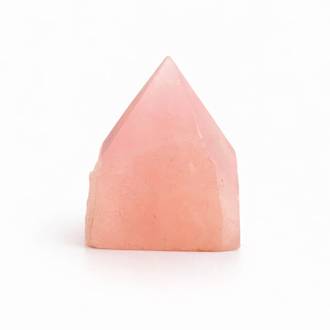 Gemstone Top Polished Points, Rose Quartz, a single pink polished point standing upright against a white background