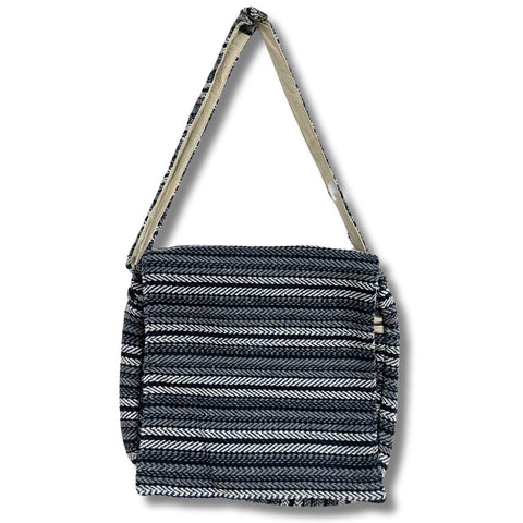 Soft Banjar Laptop Bag, Blue Strips, front view of a striped bag with a long shoulder strap