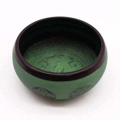 Earth Powder Singing Bowl, Mandala Buddha, 16cm, green bowl viewed from above at an angle