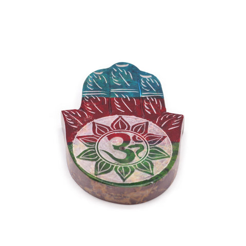 Soapstone Hamsa Incense Holder, OM, shown upright on a white background with colourful carved patterns