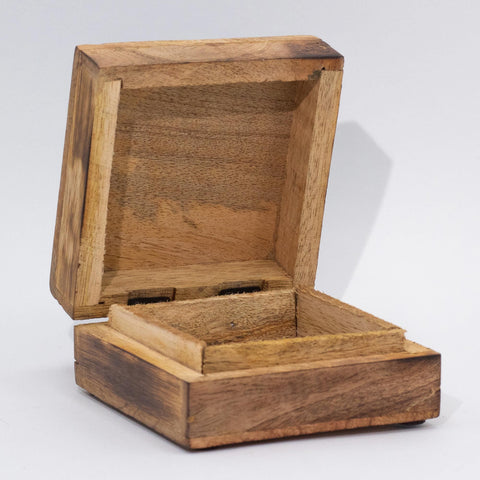 Hop Hare Big Enameled Square Box, Lion & Snakes, shown open with its plain wooden interior