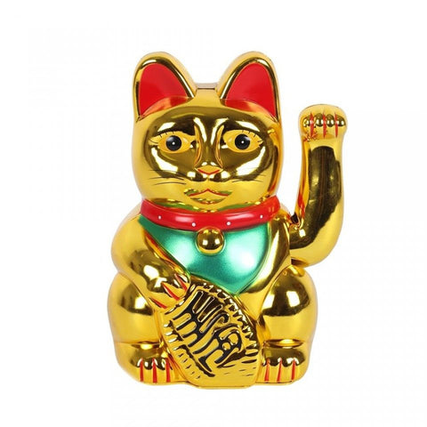 Very Gold Money Cat, gold waving cat with red ears, green bib and a gold coin, front view