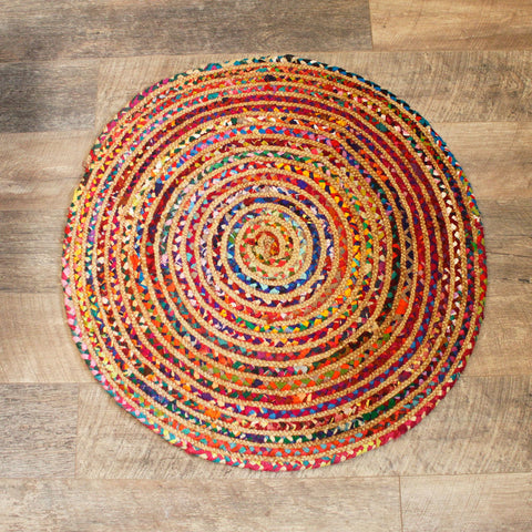 Round Jute and Recycled Cotton Rug, 90 cm, multicoloured concentric braids shown from above
