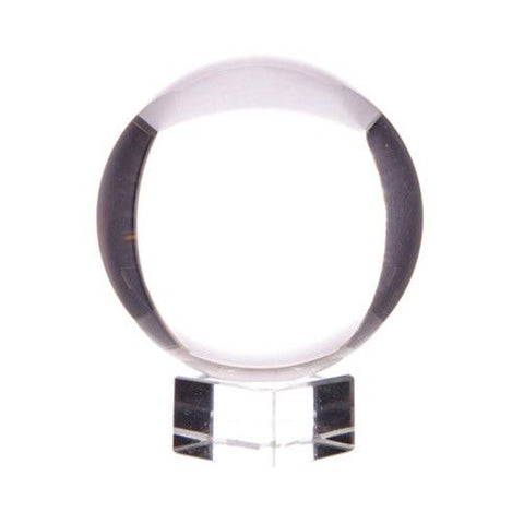 Crystal Ball on Stand, clear sphere on a clear square base shown close-up against white