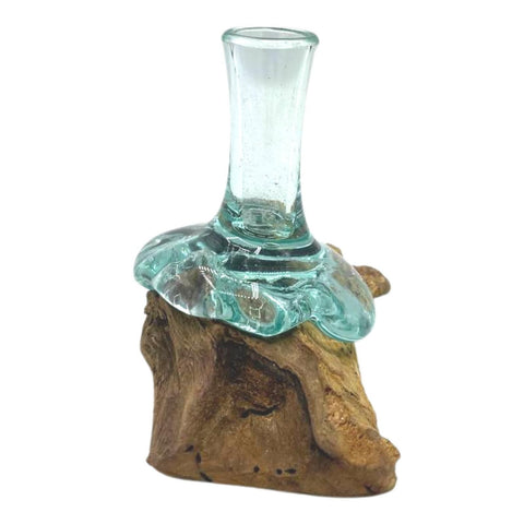 Molton Glass Small Flower Vase on Wood, pale aqua glass on a tall brown wood base, angled view