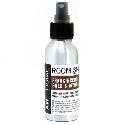 100ml Room Spray, Gold, Frankincense & Myrrh in a silver bottle with black spray top, front view