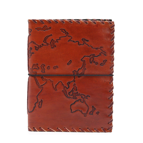 Travel Journal with wrap, Light Tan, shown closed from the front with a map design and stitched edges