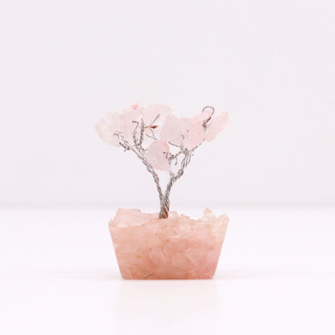 Mini Gemstone Tree On Orgonite Base, Rose Quartz with pink stone branches and a pink crystal base, front view