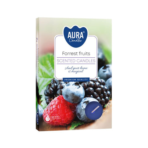 Set of 6 Scented Tealights, Forest Fruits in a box with mixed berries pictured on the front