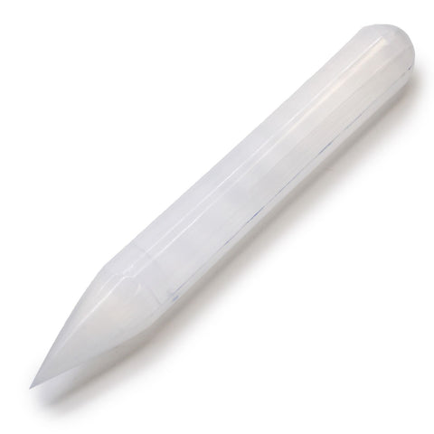 Pale selenite wand shown diagonally on a white background, with its pointed tip and rounded end visible