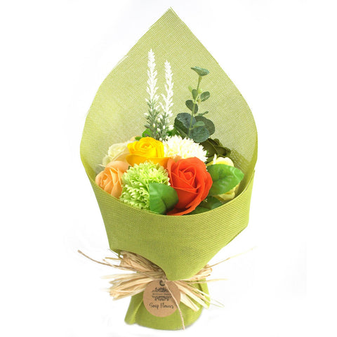 Standing Soap Flower Bouquet, Green Yellow wrapped upright in green paper with yellow, orange and red blooms