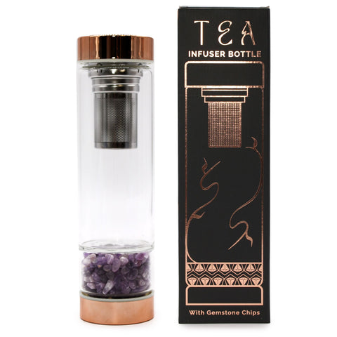 Crystal Glass Tea Infuser Bottle, Rose Gold, Amethyst beside its black box, showing the clear glass and purple stones