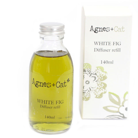 Agnes + Cat Reed Diffuser Refill, Fresh Citrus bottle beside a White Fig box on a white background