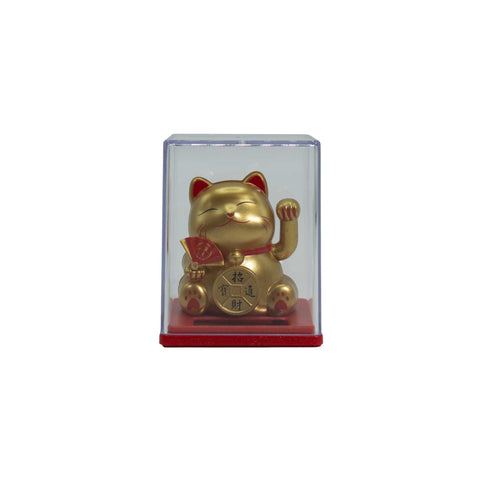 Mini Solar Powered Money Cat in Box, Gold, front view of a gold waving cat in clear packaging