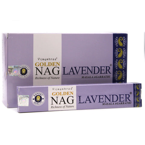 15g Golden Nag, Lavender incense in a purple box, with a matching incense pack displayed in front