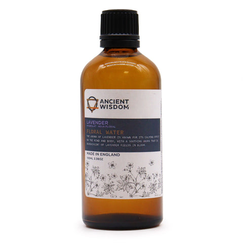 Lavender Hydrolat 100ml in an amber bottle with a black cap, shown upright against white
