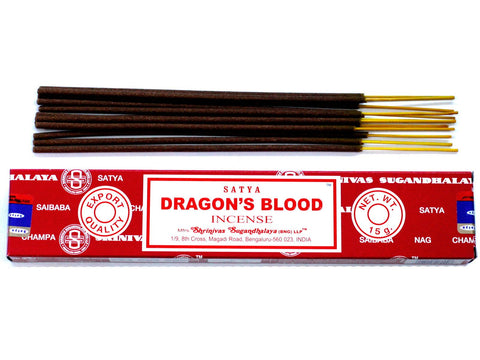 Satya Incense 15gm, Dragon Blood, dark brown sticks above a red packet on a white background