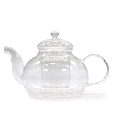 Glass Infuser Teapot, Round Pearl, 800ml, clear round teapot with lid and infuser, shown from the front