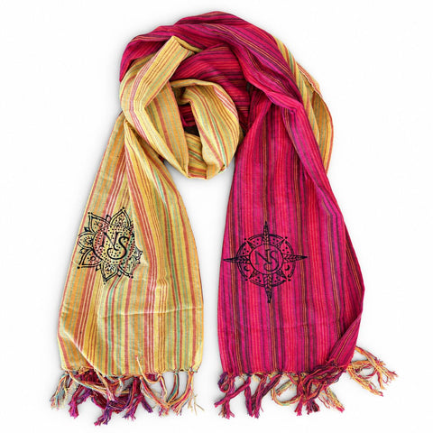 Nomad Sari Kathmandu Farewell scarf with contrasting striped panels and fringed ends