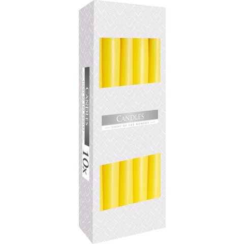 Taper Candle, Yellow, yellow candles visible through two windows in a tall grey patterned box