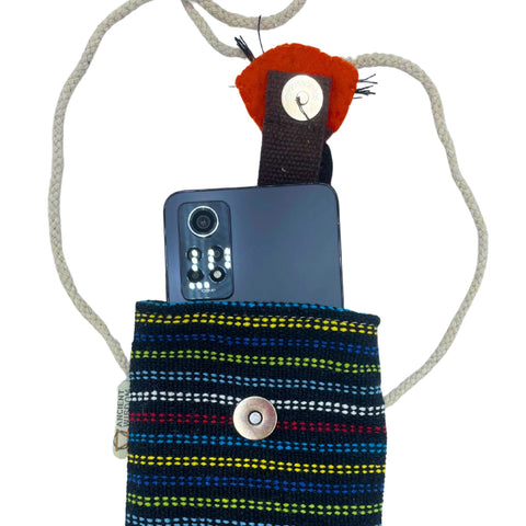 Phone Holder Bag Black and Multi, fox decor with a phone in the striped pouch, front view