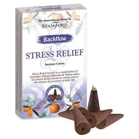 A box of Stress Relief backflow incense cones with loose cones beside it.