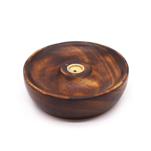Incense Stick & Cone Burner Disc, Plain, brown round dish with a central brass holder, angled front view