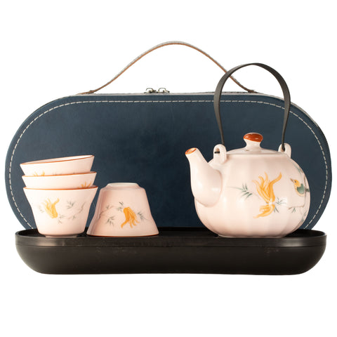 Travel Teapot Set & Four Cups, Pink Vintage Pumpkin Style in a dark blue case, teapot and cups displayed