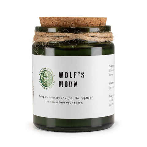 Greenman Woodwick Soy Candle, Wolf's Moon, dark green glass jar with cork lid and twine