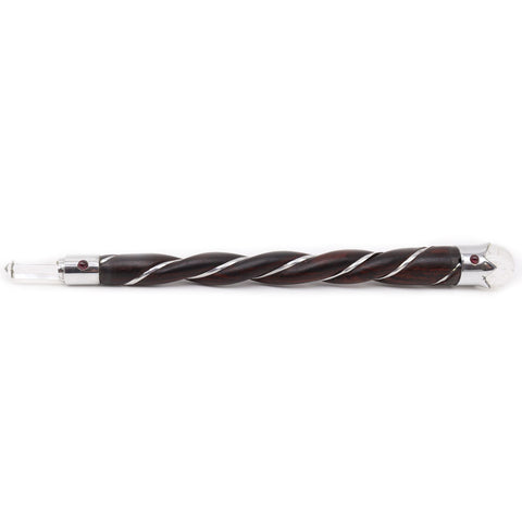 Twisted Wood and Rock Quartz Wand, dark twisted body with clear quartz ends, shown horizontally on white